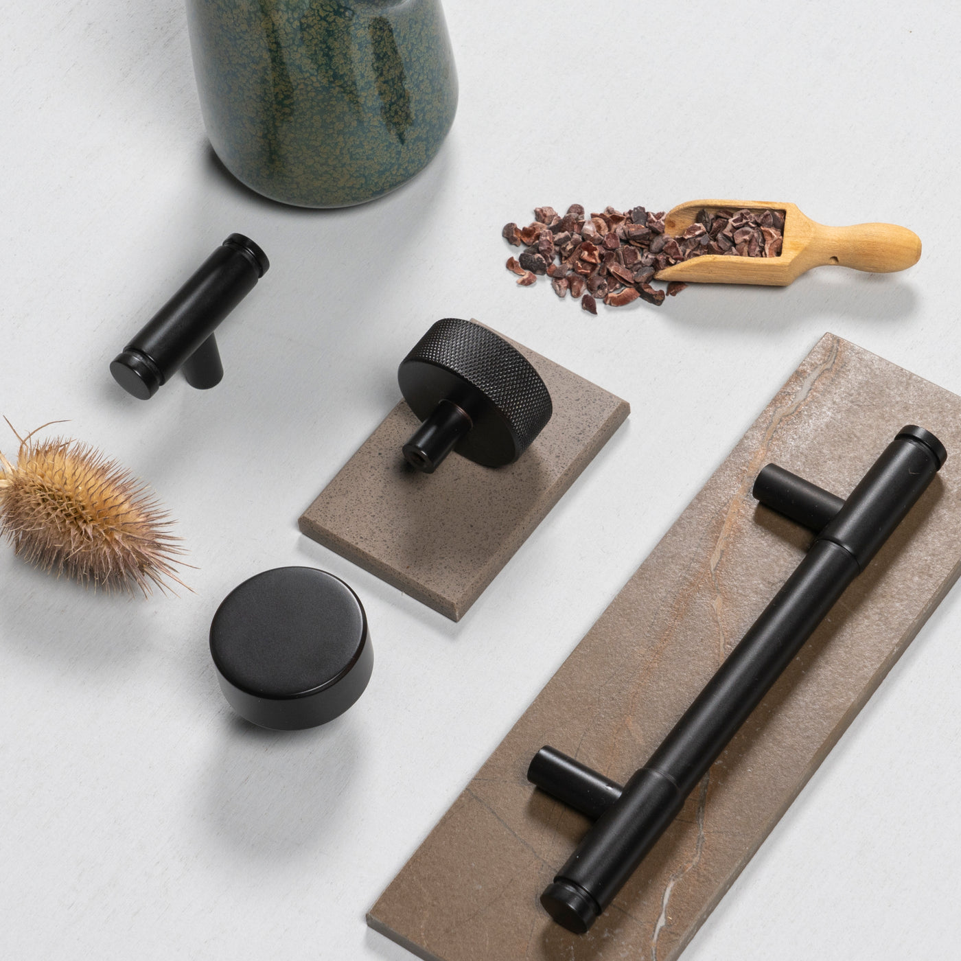 Image showing a range of Matt Black ironmongery made by From The Anvil.  Available to order from T.H Wiggans Ironmongery in Kendal