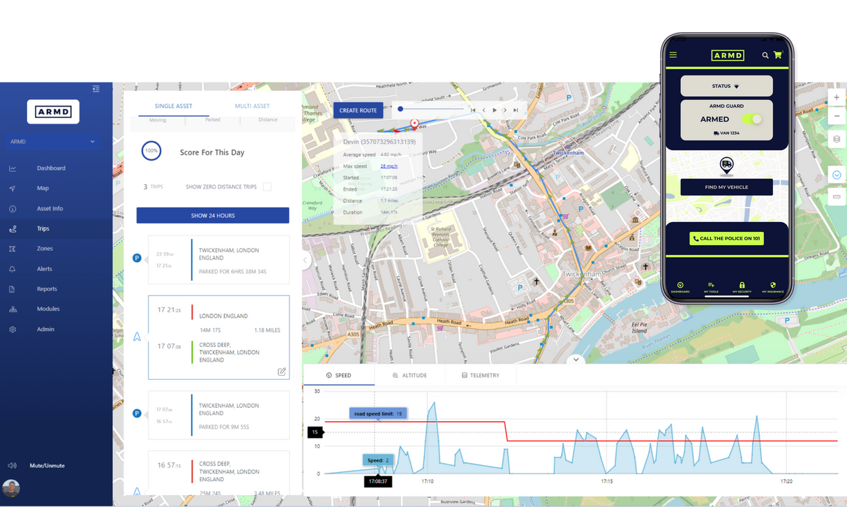This is an image showing the ARMD Guard Smart Van Alarm & Tracker showing the tracking section on the app