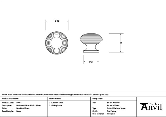 From The Anvil - Burnished Brass Beehive Cabinet Knob 40mm