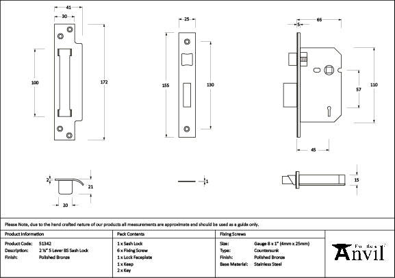 From The Anvil - Polished Bronze 2½" 5 Lever BS Sash Lock