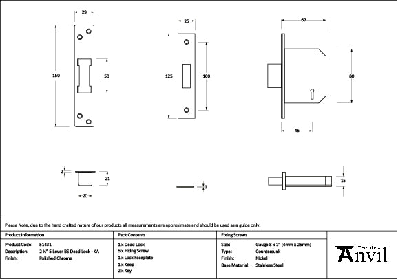 From The Anvil - Polished Chrome 2½" 5 Lever BS Dead Lock KA