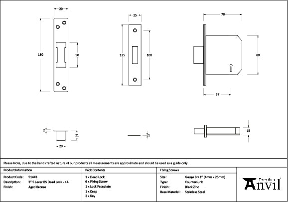 From The Anvil - Aged Bronze 3" 5 Lever BS Dead Lock KA