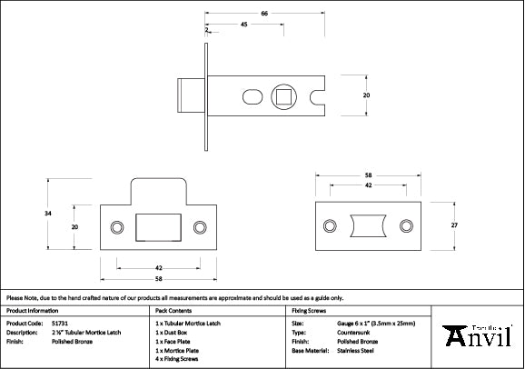 From The Anvil - Polished Bronze 2½" Tubular Mortice Latch