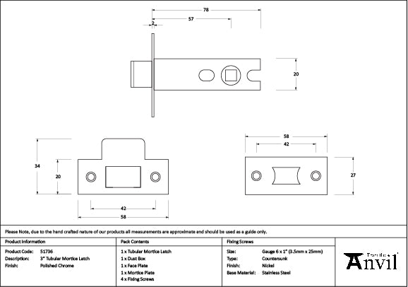 From The Anvil - Polished Chrome 3" Tubular Mortice Latch