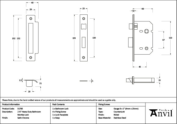From The Anvil - Satin Chrome 2½" Heavy Duty Bathroom Mortice Lock