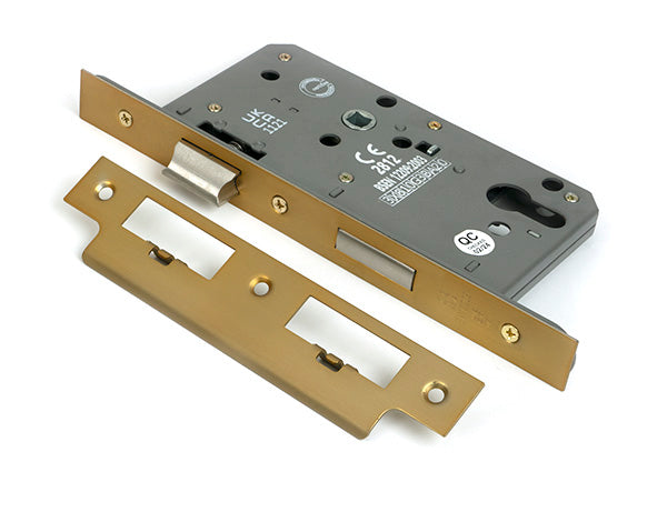 This is an image of From The Anvil - Satin Brass Euro Din Sash Lock - 60mm Backset/72mm Centre available to order from T.H. Wiggans Ironmongery in Kendal.