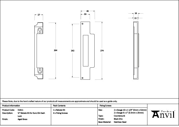 From The Anvil - Aged Brass ½" Rebate Kit for Euro Din Sash Lock