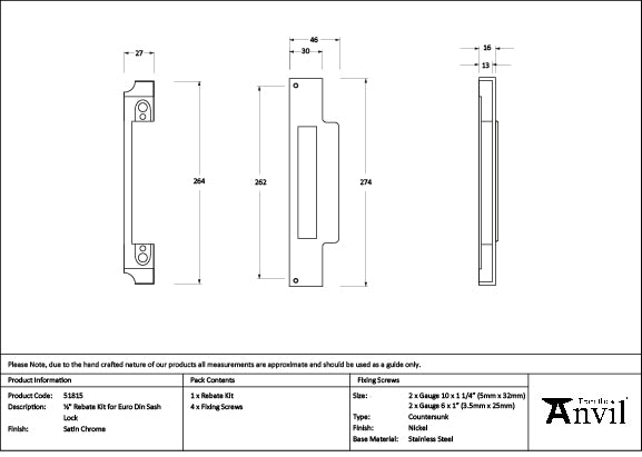 From The Anvil - Satin Chrome ½" Rebate Kit for Euro Din Sash Lock