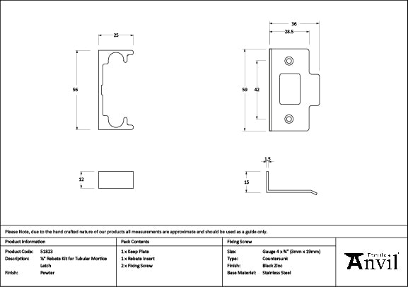 From The Anvil - Pewter ½" Rebate Kit for Tubular Mortice Latch