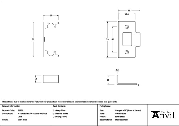 From The Anvil - Satin Brass ½" Rebate Kit for Tubular Mortice Latch
