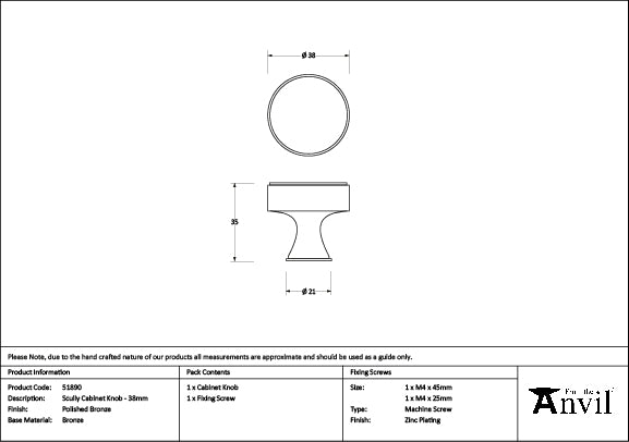 From The Anvil - Polished Bronze Scully Cabinet Knob - 38mm