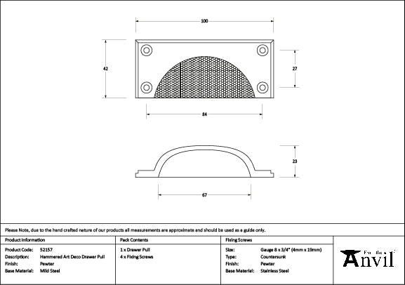 From The Anvil - Pewter Hammered Art Deco Drawer Pull