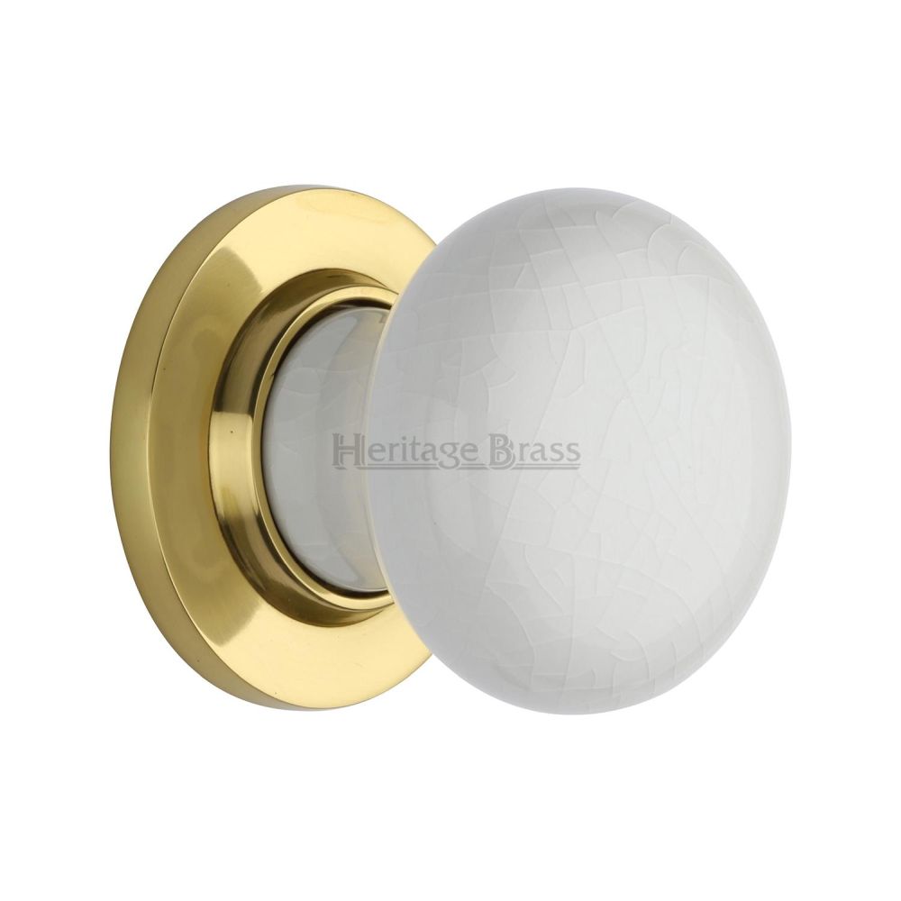 This is an image of a Heritage Brass - White Crackle Knob with Polished Brass base, 7010-pb that is available to order from T.H Wiggans Ironmongery in Kendal.