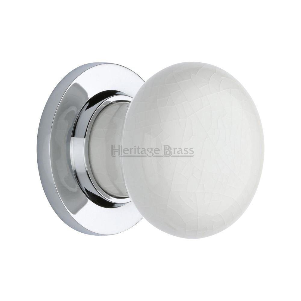 This is an image of a Heritage Brass - White Crackle Knob with Polished Chrome base, 7010-pc that is available to order from T.H Wiggans Ironmongery in Kendal.