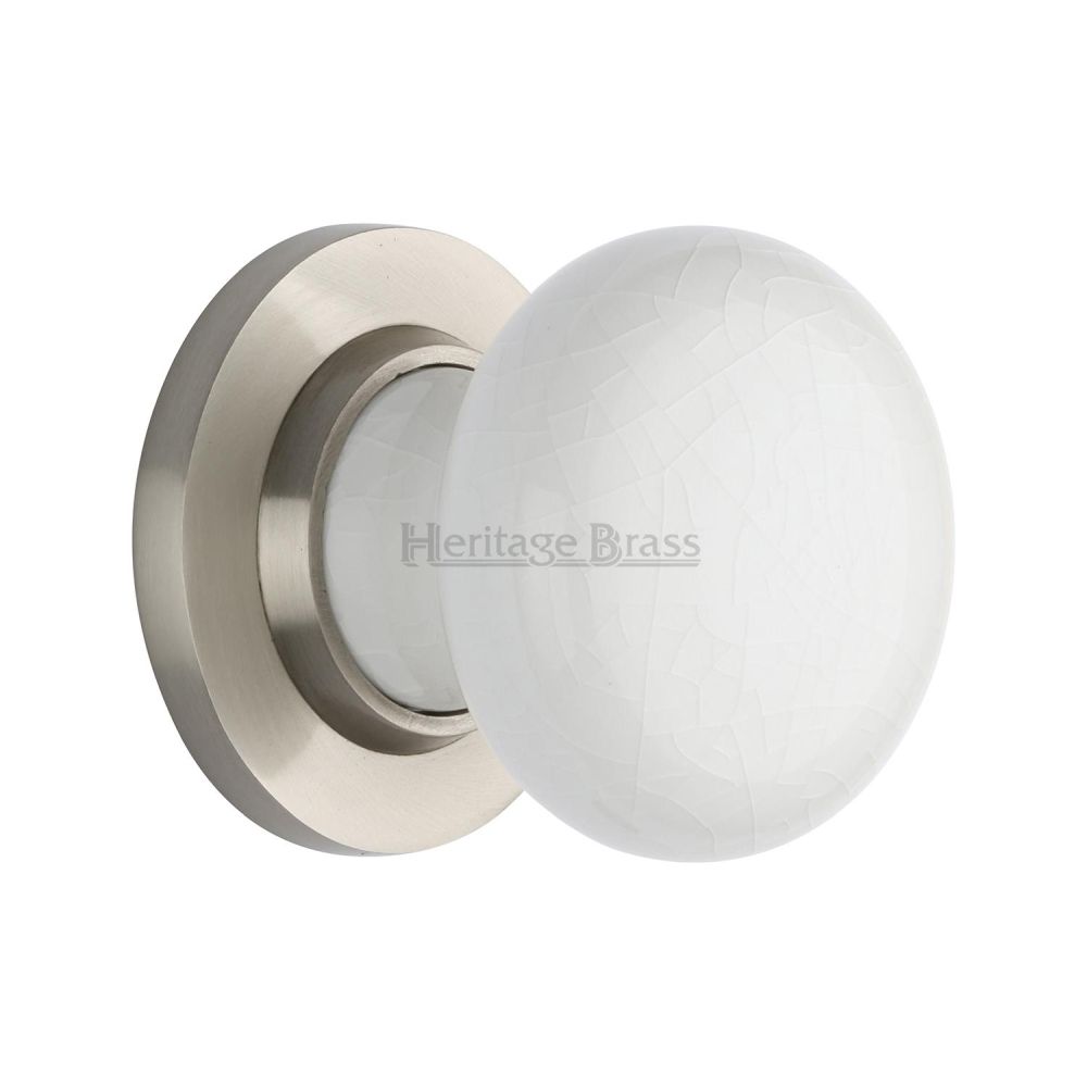 This is an image of a Heritage Brass - White Crackle Knob with Satin Nickel base, 7010-sn that is available to order from T.H Wiggans Ironmongery in Kendal.