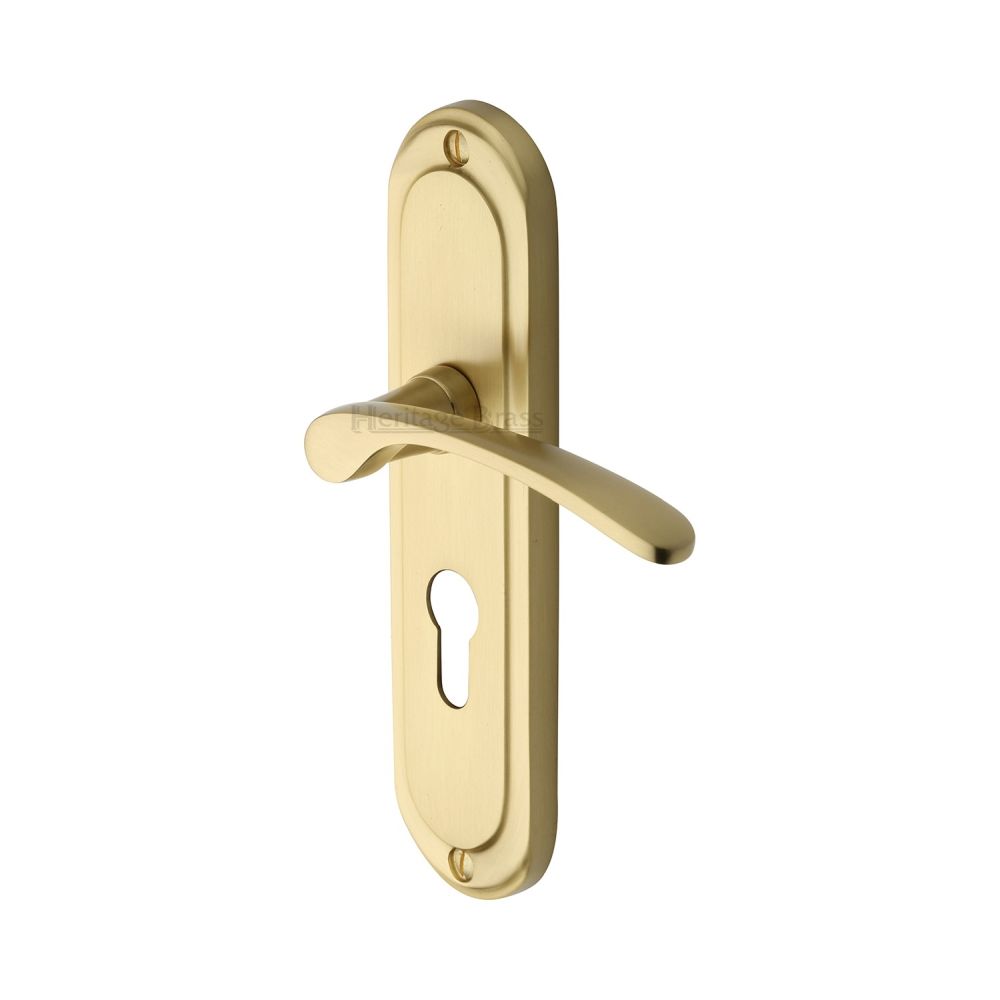This is an image of a Heritage Brass - Door Handle for Euro Profile Plate Ambassador Design Satin Brass, amb6248-sb that is available to order from T.H Wiggans Ironmongery in Kendal.