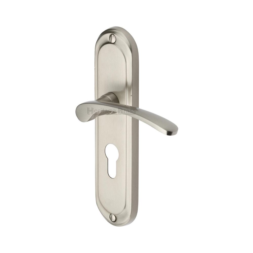 This is an image of a Heritage Brass - Door Handle for Euro Profile Plate Ambassador Design Satin Nicke, amb6248-sn that is available to order from T.H Wiggans Ironmongery in Kendal.