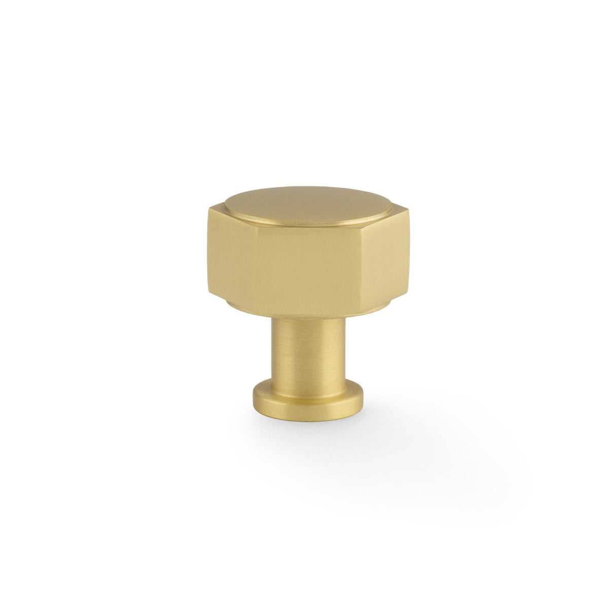 This is an image showing Alexander & Wilks - Vesper Hex Cabinet Knob - Satin Brass aw828-33-sb available to order from T.H. Wiggans Ironmongery in Kendal, quick delivery and discounted prices.