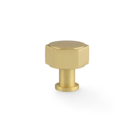 This is an image showing Alexander & Wilks - Vesper Hex Cabinet Knob - Satin Brass aw828-33-sb available to order from T.H. Wiggans Ironmongery in Kendal, quick delivery and discounted prices.