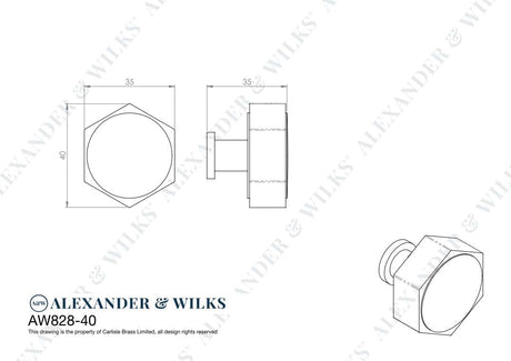 This is an image showing Alexander & Wilks Line Drawings - Vesper Hex Cabinet Knob - Satin Brass aw828-40-sb available to order from T.H. Wiggans Ironmongery in Kendal, quick delivery and discounted prices.