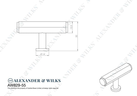 This is an image showing Alexander & Wilks Line Drawings - Vesper Hex T - Bar Cabinet Knob - Black aw829-55-bl available to order from T.H. Wiggans Ironmongery in Kendal, quick delivery and discounted prices.