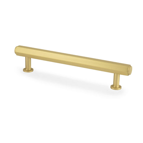 This is an image showing Alexander & Wilks - Vesper Hex T - Bar Cabinet Pull - Satin Brass - 128mm C/C aw830-128-sb available to order from T.H. Wiggans Ironmongery in Kendal, quick delivery and discounted prices.