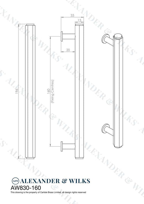 This is an image showing Alexander & Wilks Line Drawings - Vesper Hex T - Bar Cabinet Pull - Polished Nickel - 160mm C/C aw830-160-pn available to order from T.H. Wiggans Ironmongery in Kendal, quick delivery and discounted prices.