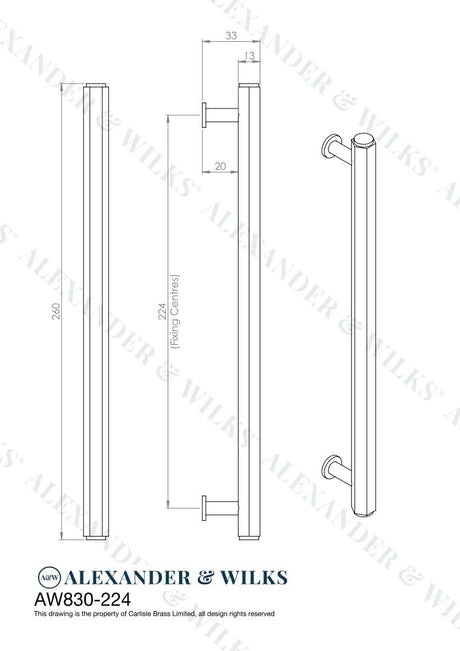 This is an image showing Alexander & Wilks Line Drawings - Vesper Hex T - Bar Cabinet Pull - Polished Nickel - 224mm C/C aw830-224-pn available to order from T.H. Wiggans Ironmongery in Kendal, quick delivery and discounted prices.