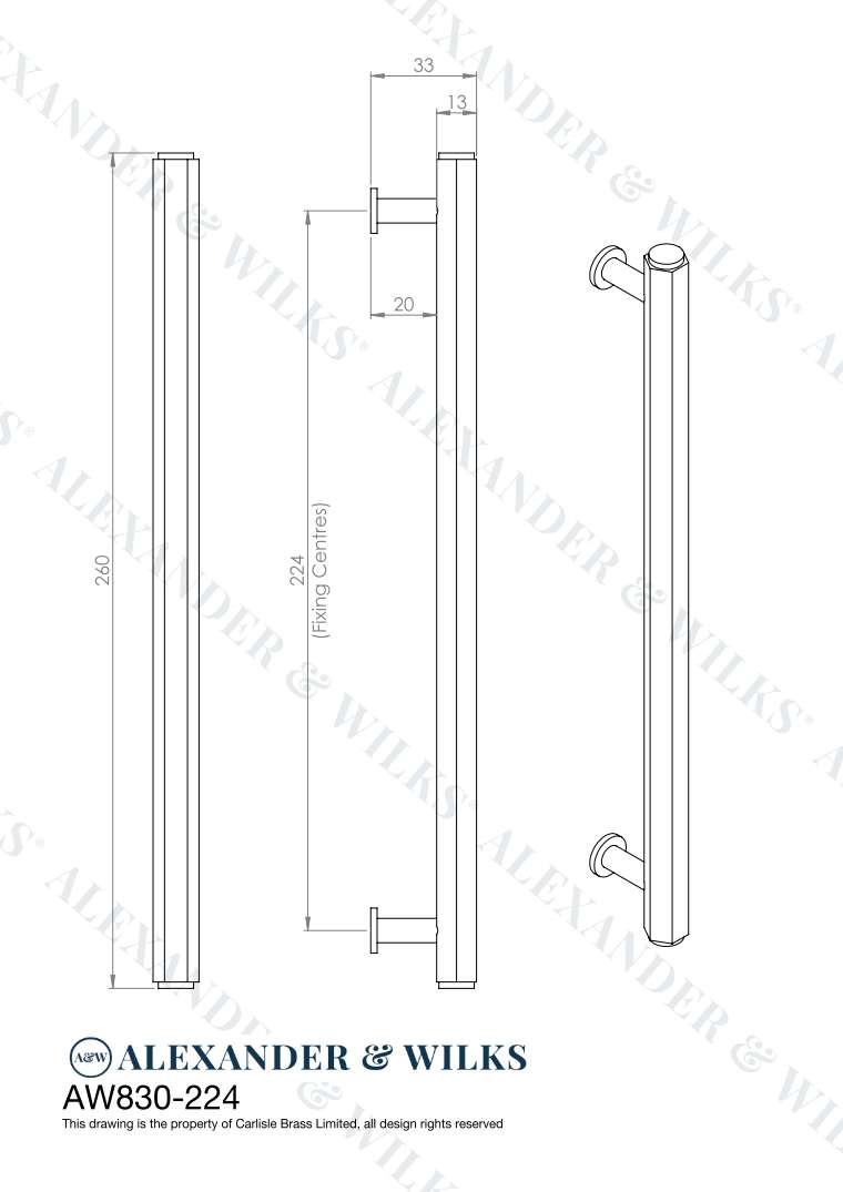 This is an image showing Alexander & Wilks Line Drawings - Vesper Hex T - Bar Cabinet Pull - Polished Nickel - 224mm C/C aw830-224-pn available to order from T.H. Wiggans Ironmongery in Kendal, quick delivery and discounted prices.