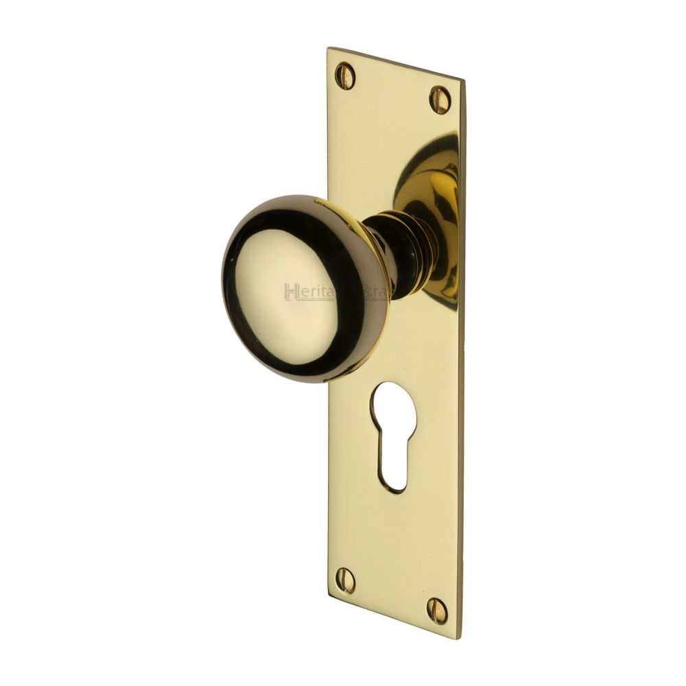 This is an image of a Heritage Brass - Mortice Knob on Euro Profile Plate Balmoral Design Polished Brass F, bal8548-pb that is available to order from T.H Wiggans Ironmongery in Kendal.