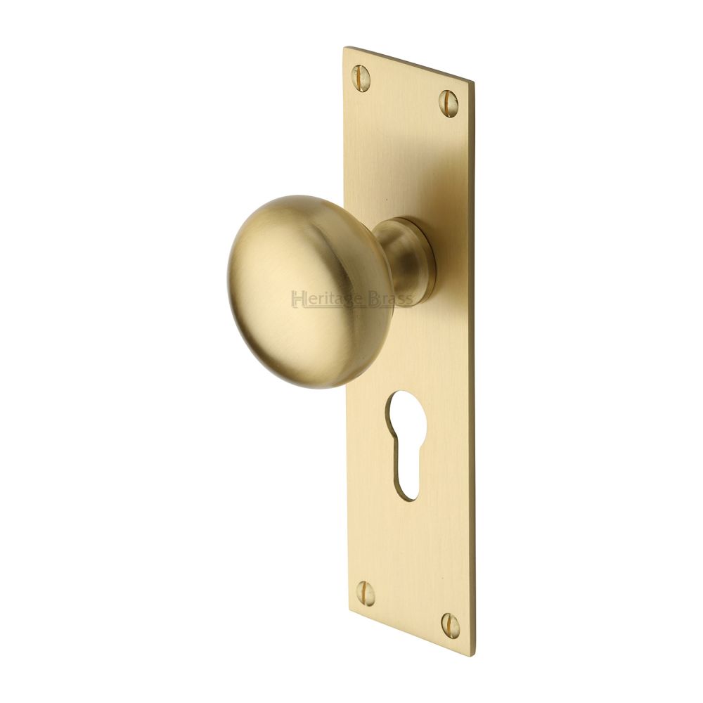This is an image of a Heritage Brass - Mortice Knob on Euro Profile Plate Balmoral Design Satin Brass F, bal8548-sb that is available to order from T.H Wiggans Ironmongery in Kendal.