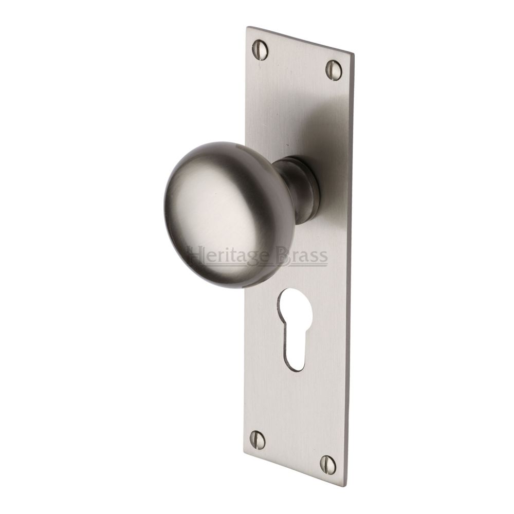 This is an image of a Heritage Brass - Mortice Knob on Euro Profile Plate Balmoral Design Satin Nickel, bal8548-sn that is available to order from T.H Wiggans Ironmongery in Kendal.