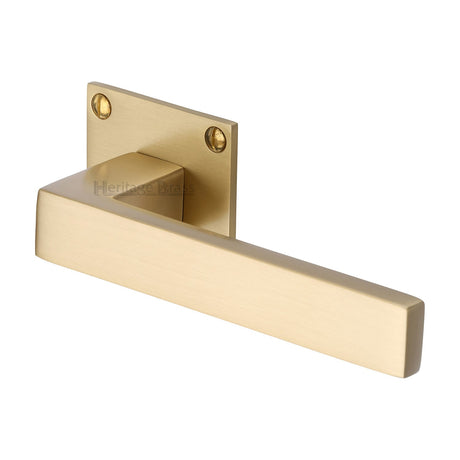 This is an image of a Heritage Brass - Door Handle Lever Latch on Square Rose Delta BH Design Satin Brass finish, bau1928-sb that is available to order from T.H Wiggans Ironmongery in Kendal.