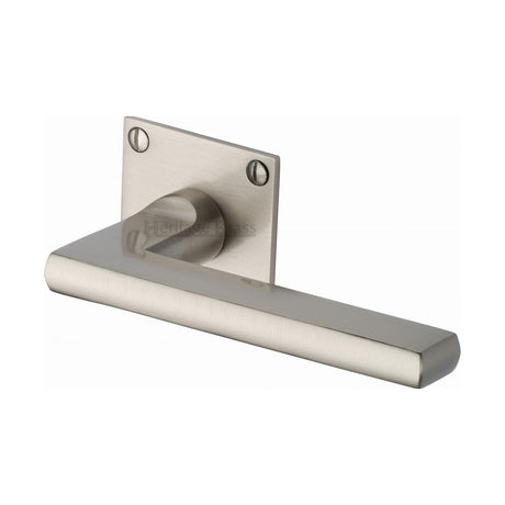 This is an image of a Heritage Brass - Door Handle Lever Latch on Square Rose Trident Design Satin Nickel finish, bau2910-sn that is available to order from T.H Wiggans Ironmongery in Kendal.