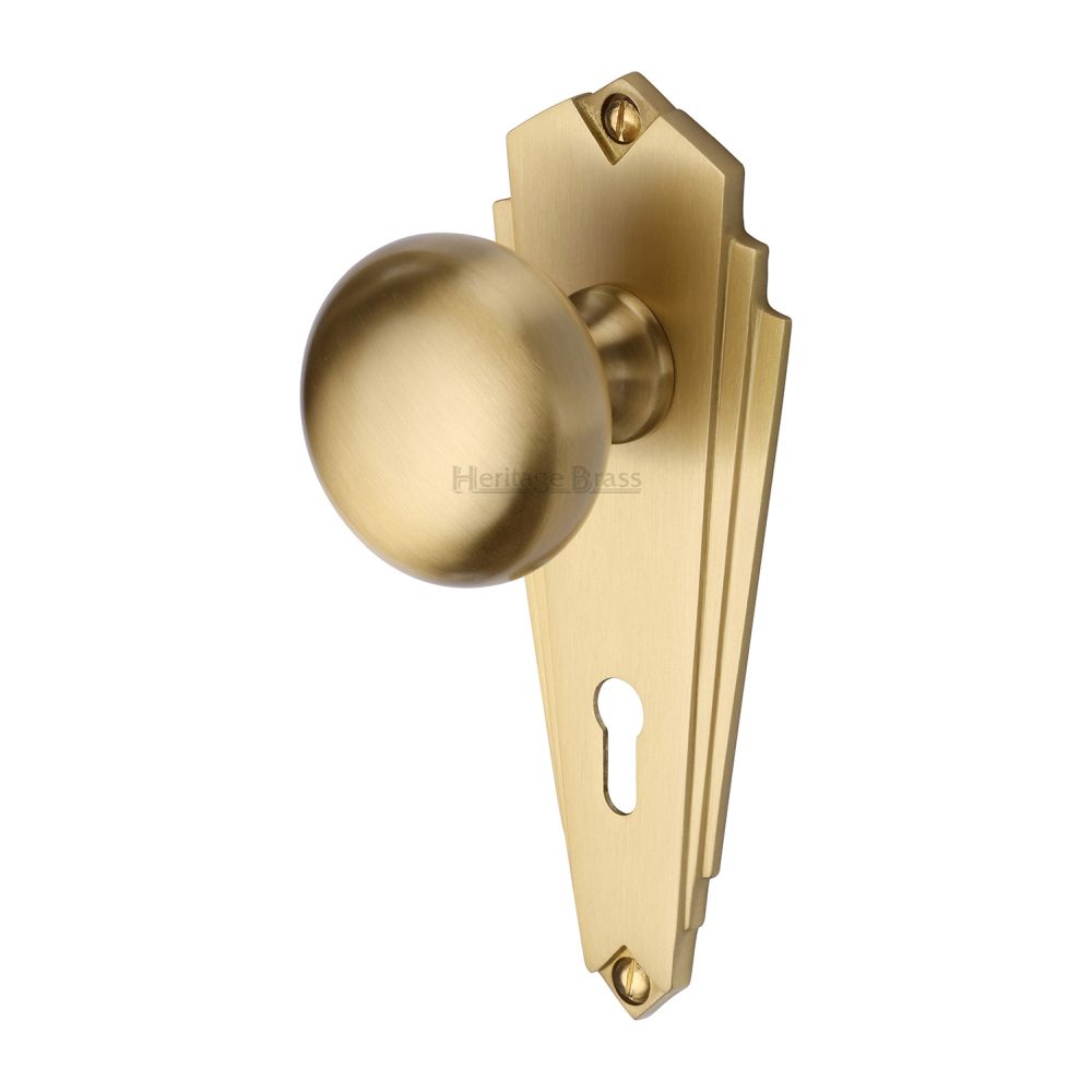 This is an image of a Heritage Brass - Mortice Knob on Lock Plate Broadway Design Satin Brass Finish, br1800-sb that is available to order from T.H Wiggans Ironmongery in Kendal.