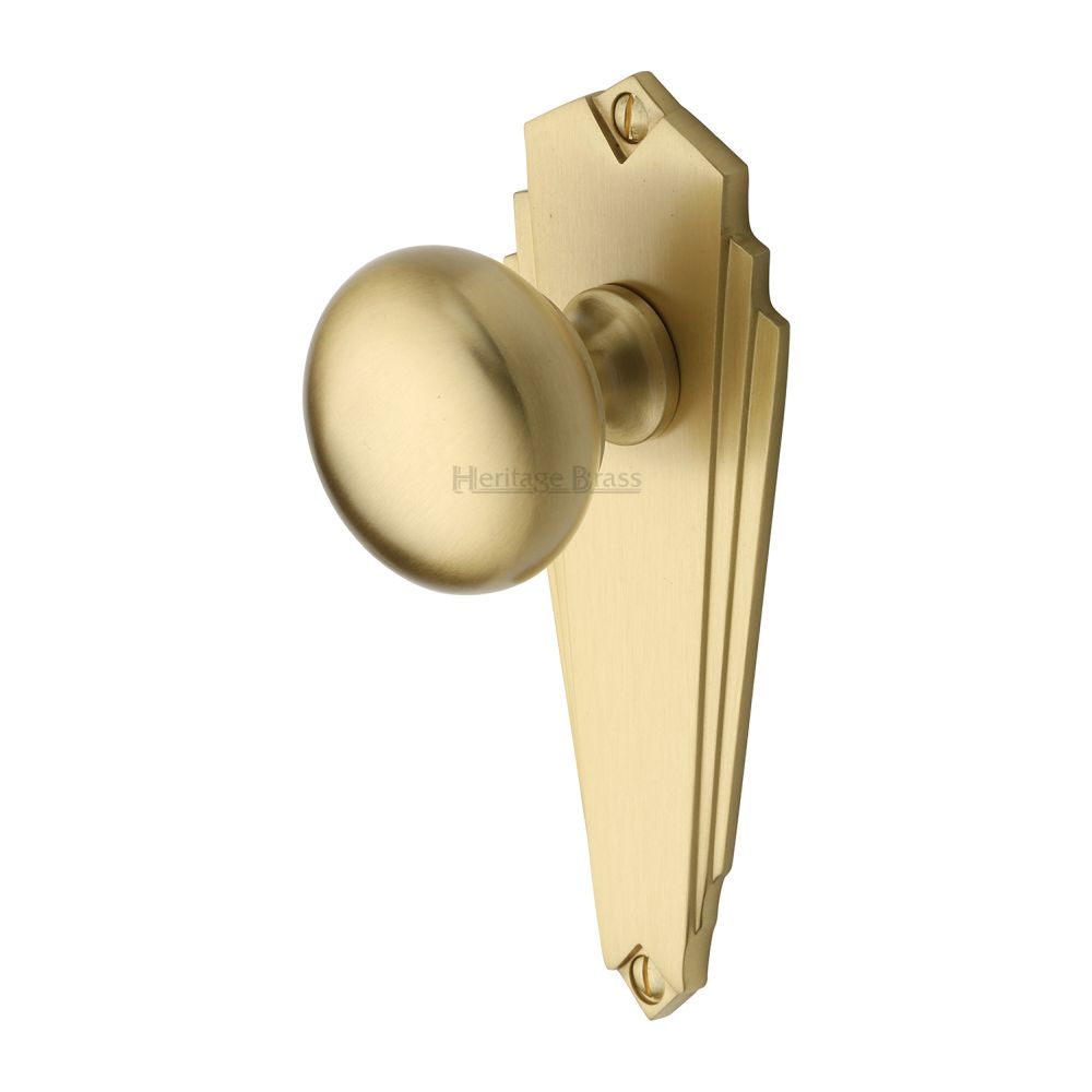 This is an image of a Heritage Brass - Mortice Knob on Latch Plate Broadway Design Satin Brass Finish, br1810-sb that is available to order from T.H Wiggans Ironmongery in Kendal.