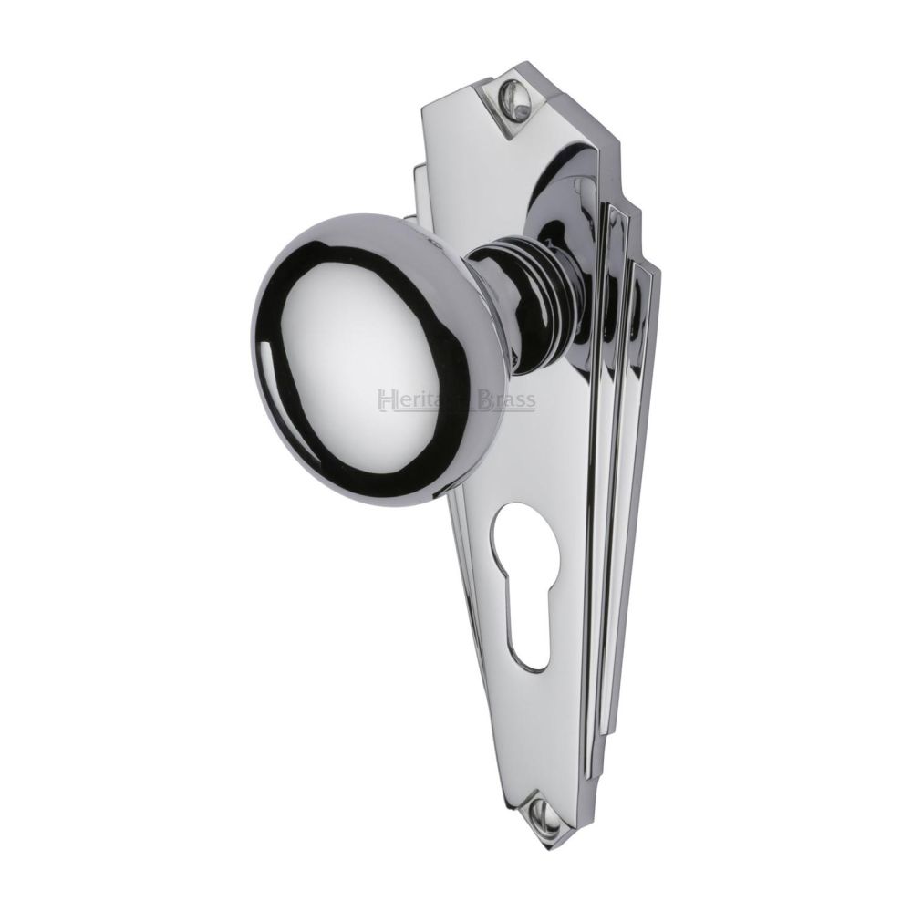 This is an image of a Heritage Brass - Mortice Knob on Euro Profile Plate Broadway Design Polished Chrome, br1848-pc that is available to order from T.H Wiggans Ironmongery in Kendal.