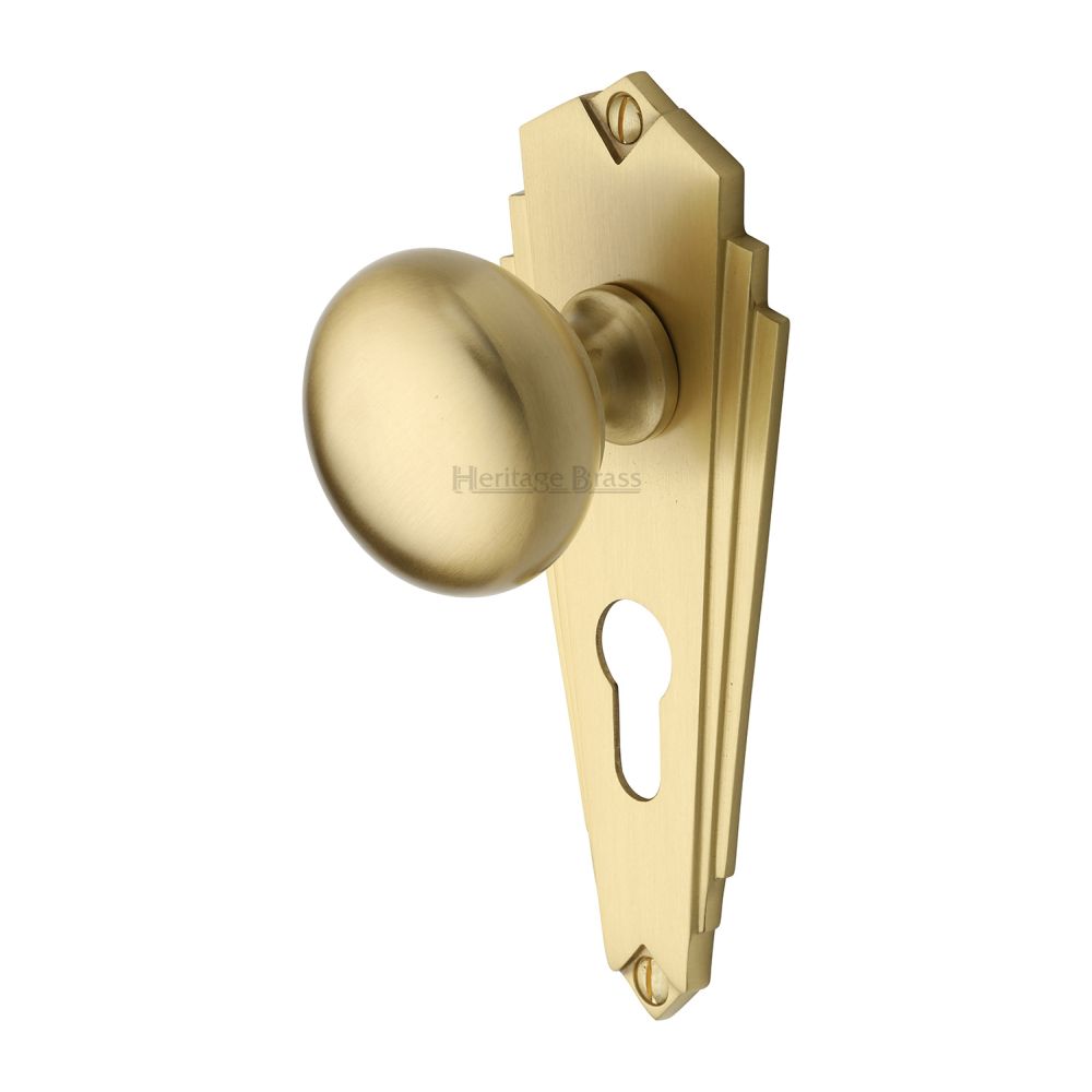 This is an image of a Heritage Brass - Mortice Knob on Euro Profile Plate Broadway Design Satin Brass F, br1848-sb that is available to order from T.H Wiggans Ironmongery in Kendal.