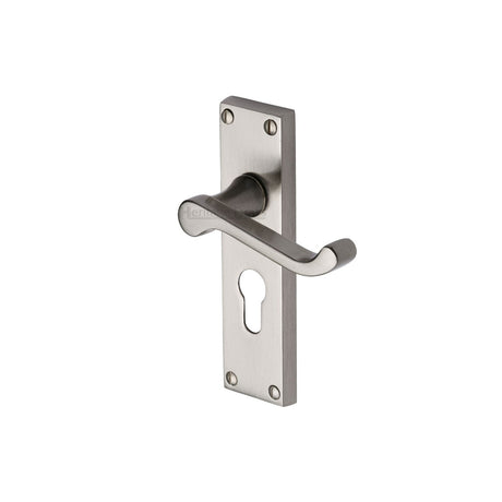 This is an image of a Heritage Brass - Door Handle for Euro Profile Plate Builders' Range Satin Nickel finish, bui448-sn that is available to order from T.H Wiggans Ironmongery in Kendal.