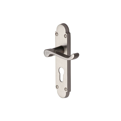 This is an image of a Heritage Brass - Door Handle for Euro Profile Plate Builders' Range Satin Nickel finish, bui548-sn that is available to order from T.H Wiggans Ironmongery in Kendal.