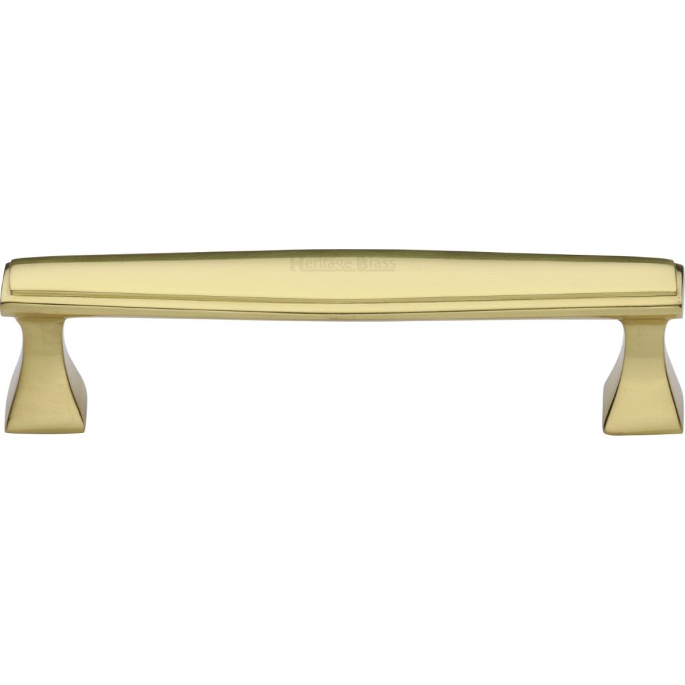 This is an image of a Heritage Brass - Cabinet Pull Deco Design 128mm CTC Polished Brass Finish, c0334-128-pb that is available to order from T.H Wiggans Ironmongery in Kendal.