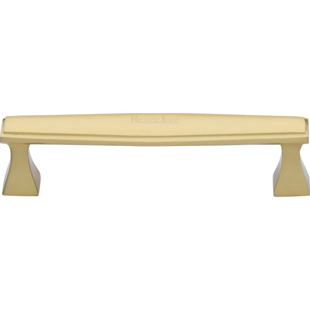 This is an image of a Heritage Brass - Cabinet Pull Deco Design 128mm CTC Satin Brass Finish, c0334-128-sb that is available to order from T.H Wiggans Ironmongery in Kendal.