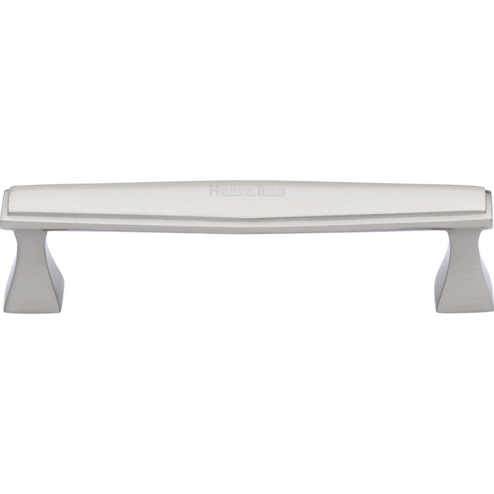 This is an image of a Heritage Brass - Cabinet Pull Deco Design 128mm CTC Satin Nickel Finish, c0334-128-sn that is available to order from T.H Wiggans Ironmongery in Kendal.