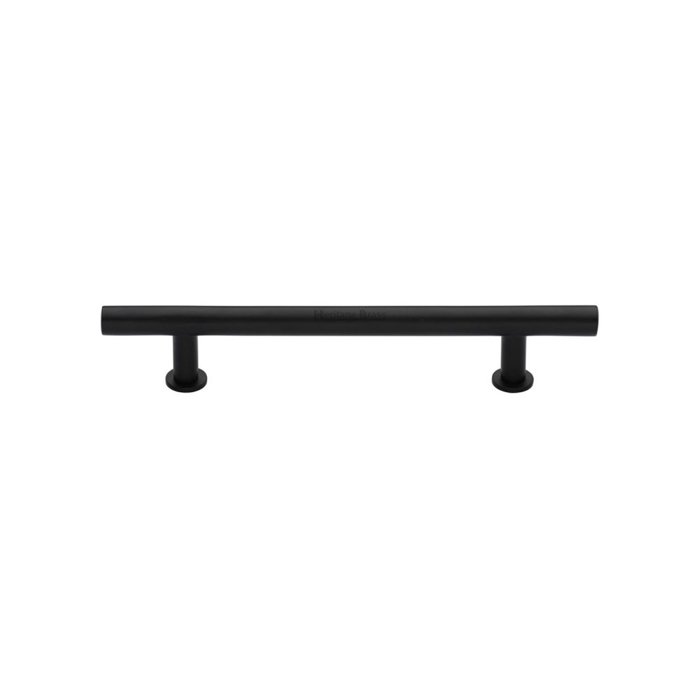 This is an image of a Heritage Brass - Cabinet Pull T-Bar Design with 16mm Rose 128mm CTC Matt Black F, c0362-128-bkmt that is available to order from T.H Wiggans Ironmongery in Kendal.