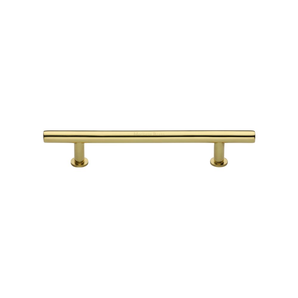 This is an image of a Heritage Brass - Cabinet Pull T-Bar Design with 16mm Rose 128mm CTC Polished Brass F, c0362-128-pb that is available to order from T.H Wiggans Ironmongery in Kendal.