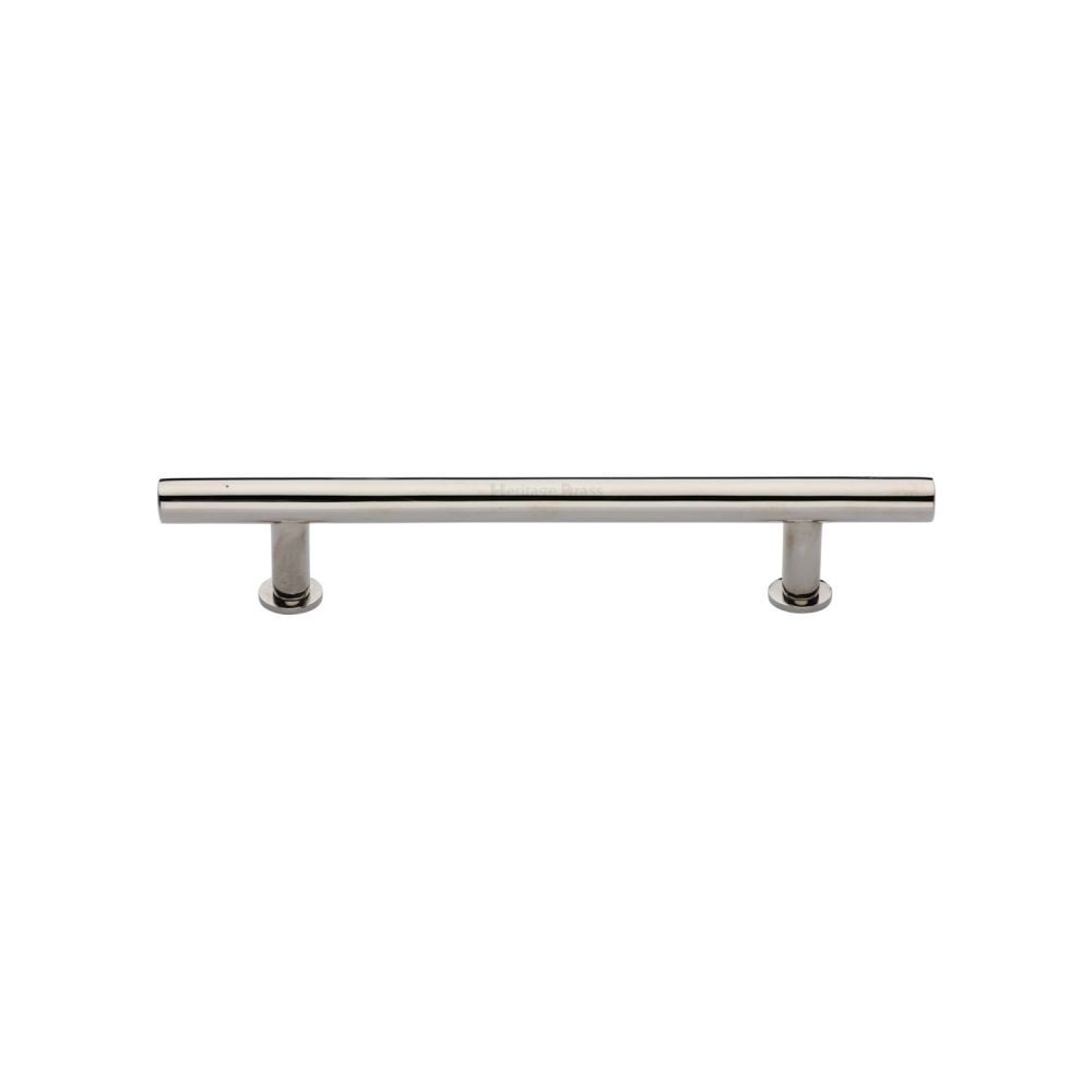 This is an image of a Heritage Brass - Cabinet Pull T-Bar Design with 16mm Rose 128mm CTC Polished Nickel, c0362-128-pnf that is available to order from T.H Wiggans Ironmongery in Kendal.