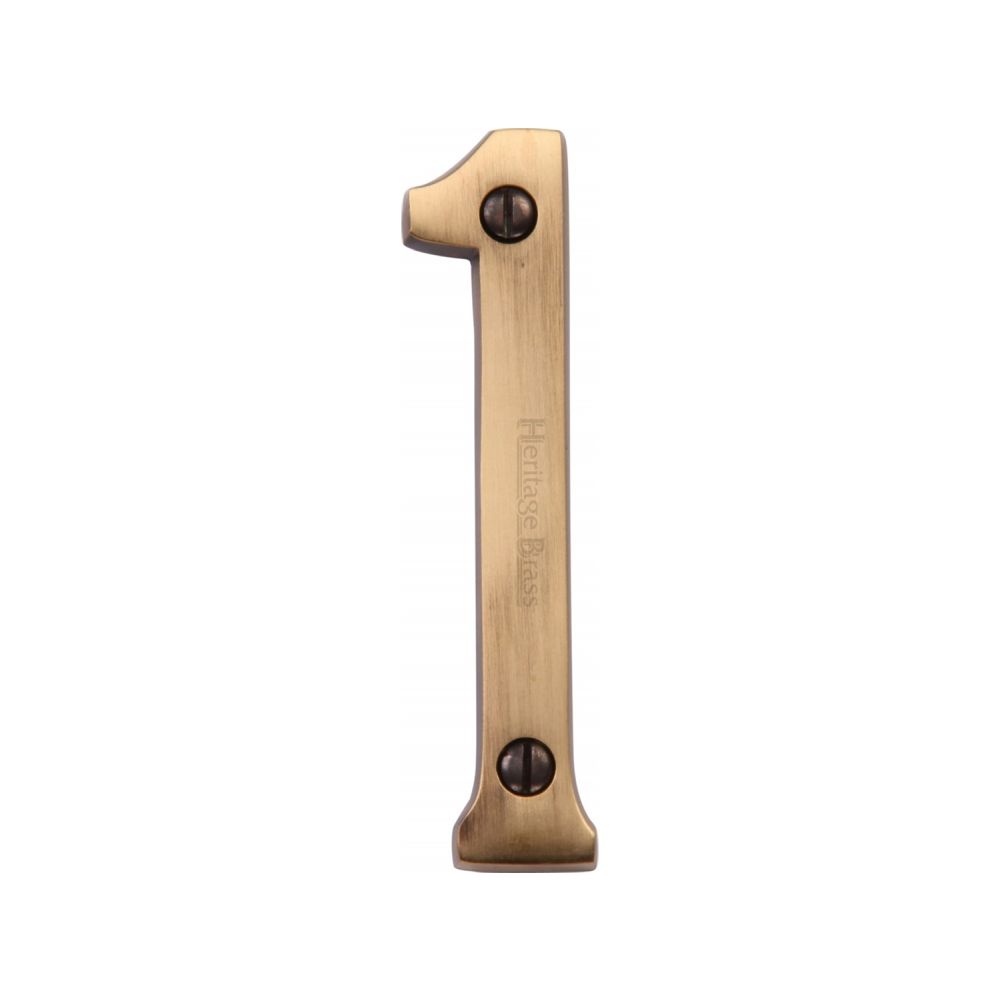 This is an image of a Heritage Brass - Numeral 1 Face Fix 76mm (3") Antique Brass Finish, c1560-1-at that is available to order from T.H Wiggans Ironmongery in Kendal.