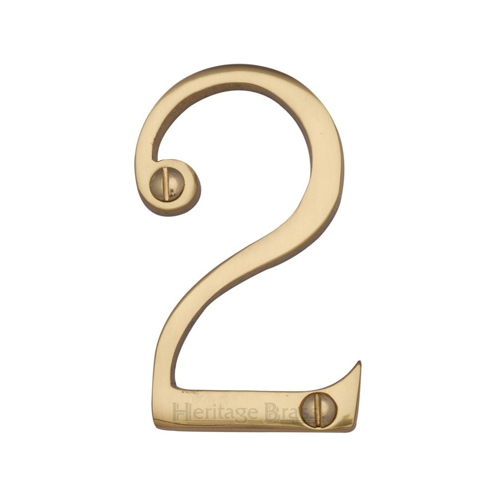 This is an image of a Heritage Brass - Numeral 2 Face Fix 76mm (3") Polished Brass Finish, c1560-2-pb that is available to order from T.H Wiggans Ironmongery in Kendal.