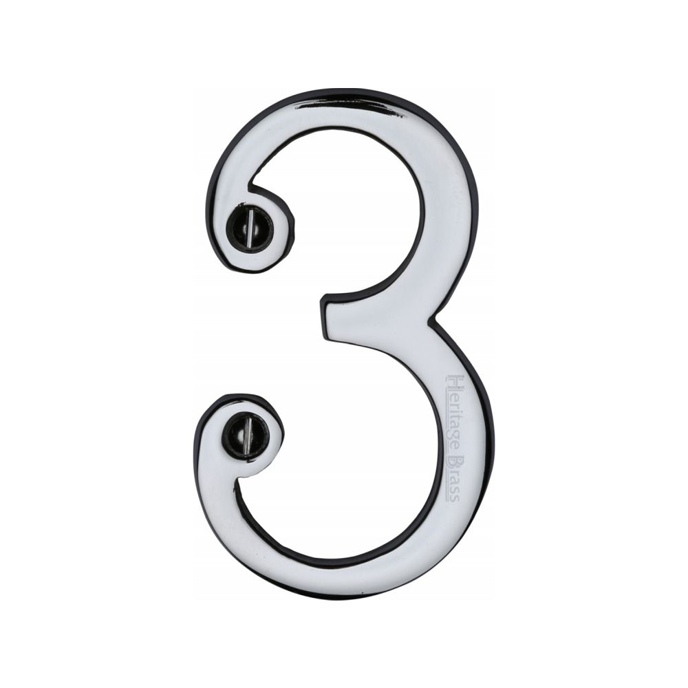 This is an image of a Heritage Brass - Numeral 3 Face Fix 76mm (3") Polished Chrome Finish, c1560-3-pc that is available to order from T.H Wiggans Ironmongery in Kendal.