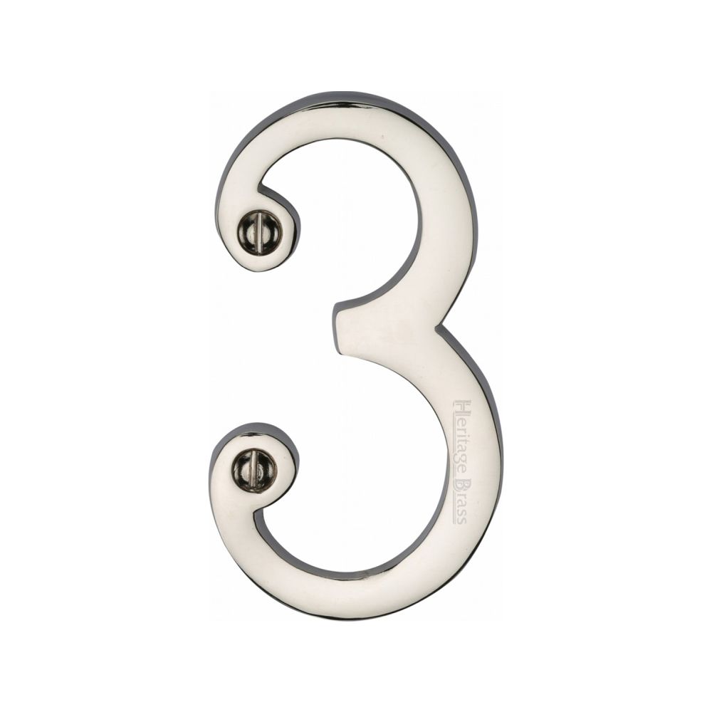 This is an image of a Heritage Brass - Numeral 3 Face Fix 76mm (3") Polished Nickel Finish, c1560-3-pnf that is available to order from T.H Wiggans Ironmongery in Kendal.